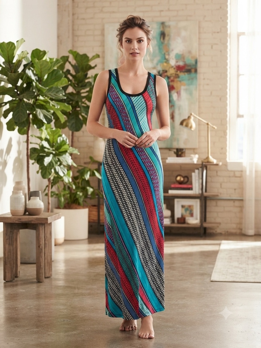 Calvin Klein Multi-Color Abstract Striped Maxi Dress 169.00